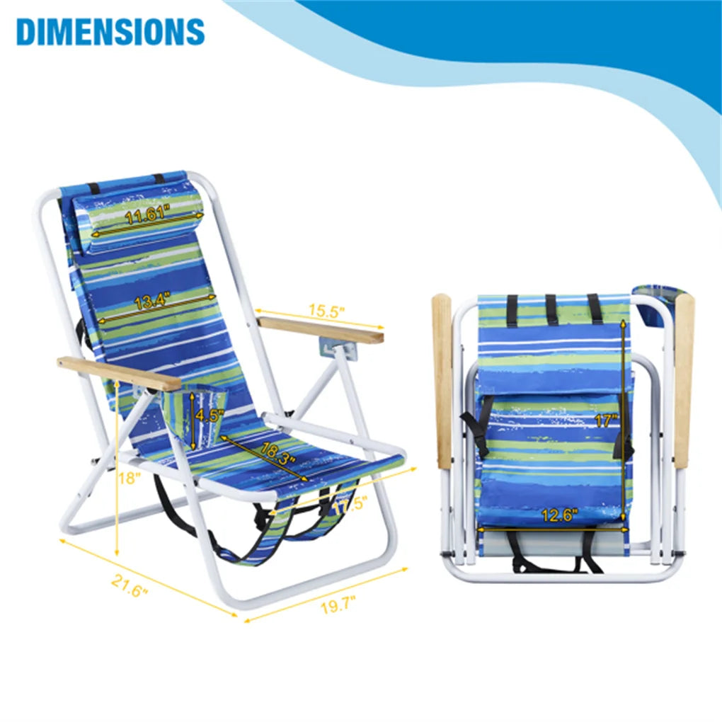 2PCS/SET Folding Beach Chair for Adults, 4 Position Portable Backpack Foldable Camping Chair with Headrest Cup Holder