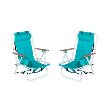 2PCS/SET Folding Beach Chair for Adults, 4 Position Portable Backpack Foldable Camping Chair with Headrest Cup Holder